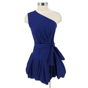 Derek Lam 10 Crosby Lulu Fit Flare Bubble Dress Navy Blue One Shoulder Zip 6